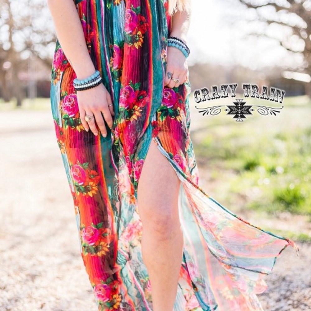 Crazy Train Teal Floral Maxi Dress with Pink & Orange Accents